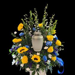 Blue and Gold Urn Display from Hastings Flower Co in Hastings, MN