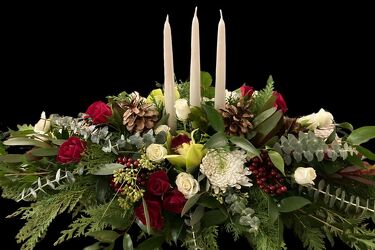 Holiday Candle Trio Centerpiece from Hastings Flower Co in Hastings, MN